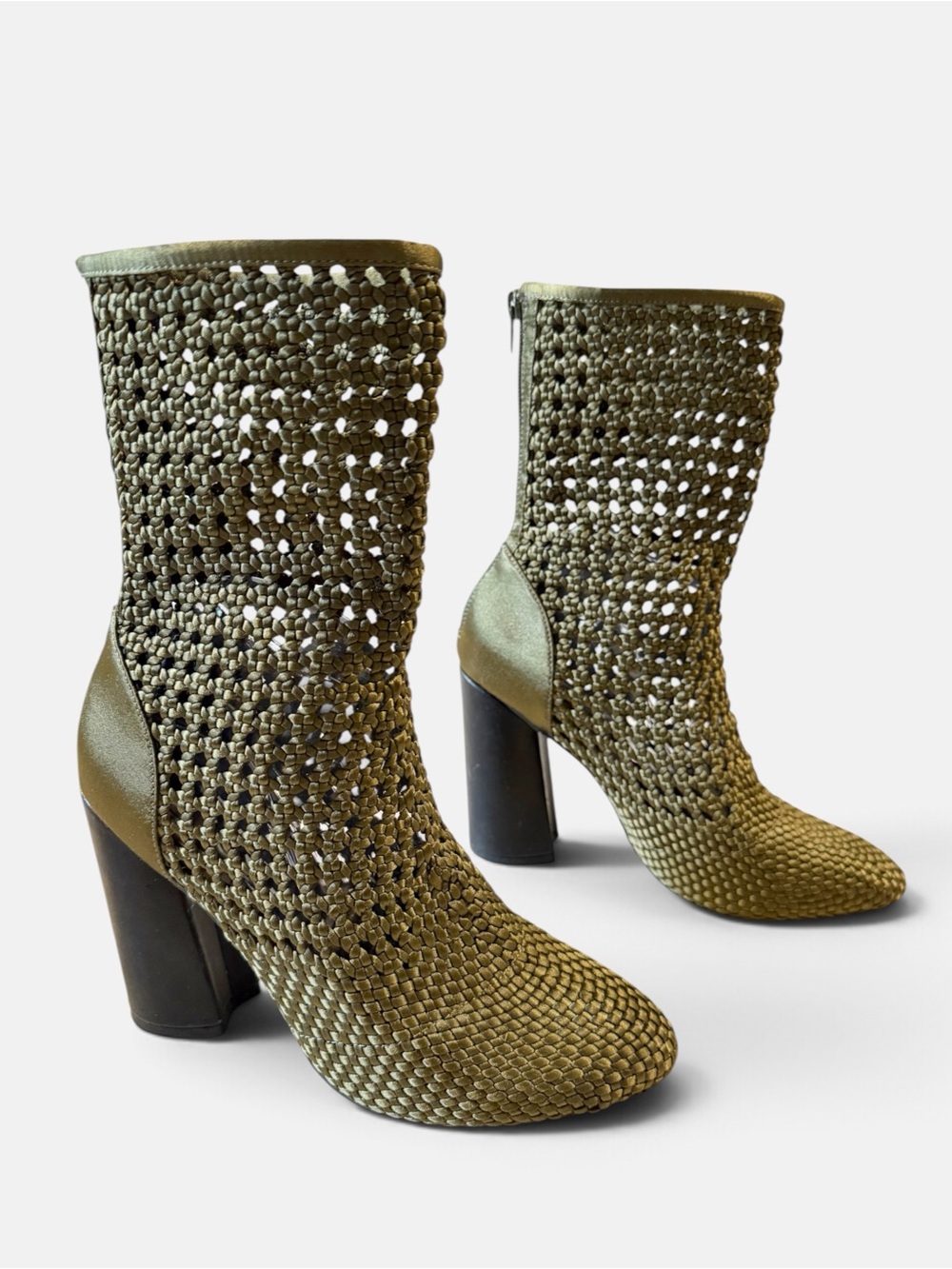 Topshop Helena Olive Green Woven Block Heel Back Zip Ankle Boots Size 39